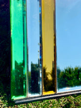 Load image into Gallery viewer, Stunning Large 1930’s Art Deco Odeon Fan Mirror With Green & Amber Coloured Glass Panels