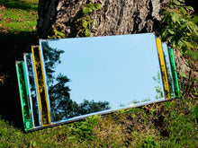 Load image into Gallery viewer, Stunning Large 1930’s Art Deco Odeon Fan Mirror With Green & Amber Coloured Glass Panels