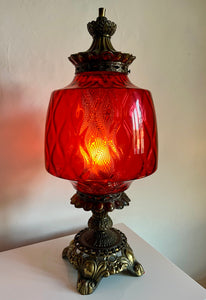 Original Mid-Century Large Carl Falkenstein Lamp, with Cranberry Glass