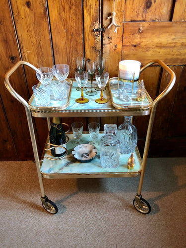 Vintage Marble Effect 2 Tier Drinks Trolley with Bottle Holders and Trays